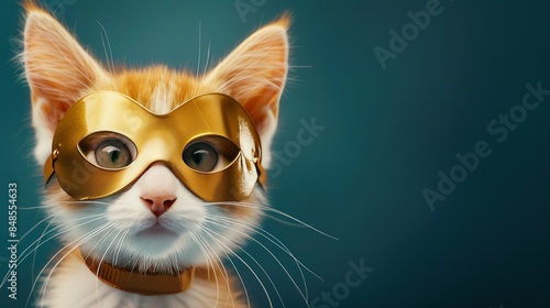 orange and white calico cat as a superhero wearing a gold mask, solid background, copy space 