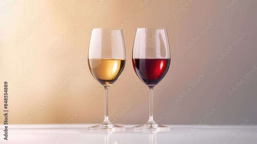 side by side glass of white and red wine, white background, side by side glass of white and red wine, white background,