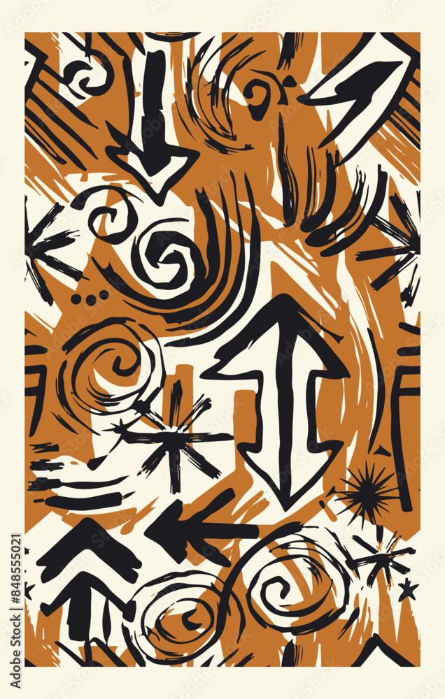Obraz premium Seamless pattern with various geometric trendy shapes. Bold brush drawn geometric figures and objects ornament. Arrow, circles,swirls, asterisk and curved bold lines. Hand drawn abstract pattern.