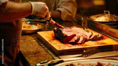 Detailed shot of a buffet carving station, prime rib on the cutting board, no humans, focus on juicy meat