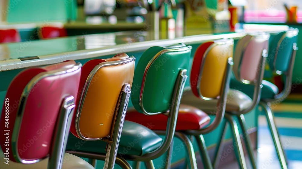 Fototapeta premium Close-up of an empty ice cream parlor, colorful chairs and counters, no humans, cheerful yet silent 