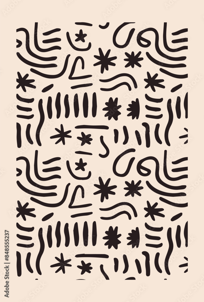 Pattern of abstract black shapes wavy lines, zigzags, circles, and asterisks