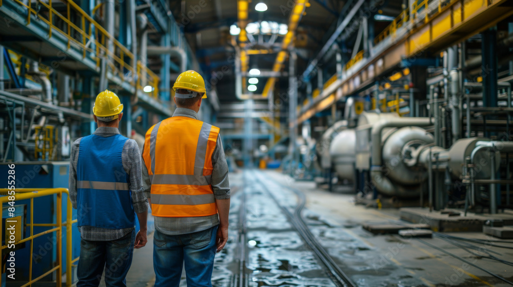 Two factory workers wearing high-visibility vests and helmets, walking through a large industrial facility with complex machinery. Two factory workers wearing high-visibility vests and helmets, walking through a large industrial facility with complex machinery.