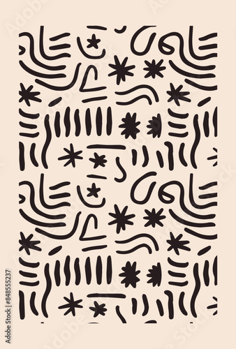 Obraz na płótnie Pattern of abstract black shapes wavy lines, zigzags, circles, and asterisks w salonie