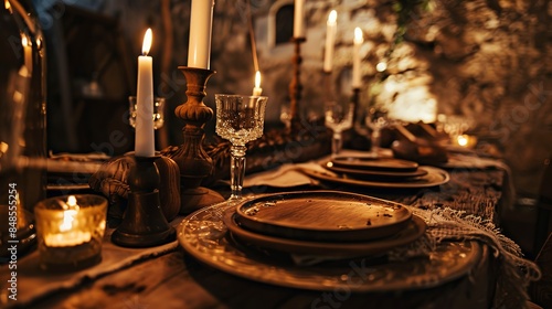 Close-up of a medieval banquet table with wooden plates, goblets, and rustic decor, candlelight flickering on rough stone walls.  © Thanthara