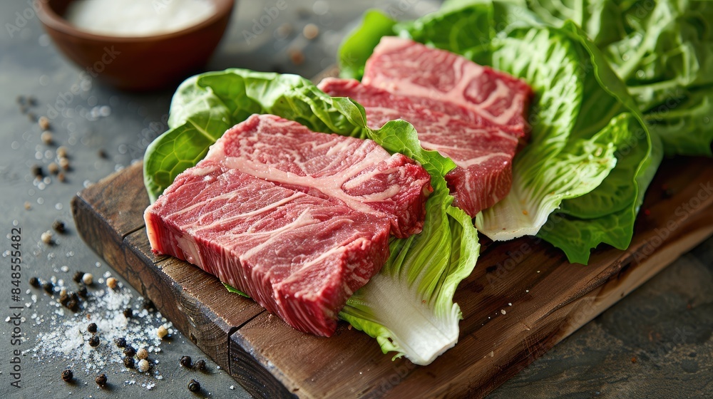 Beef and lettuce on a cutting board Beef and lettuce on a cutting board