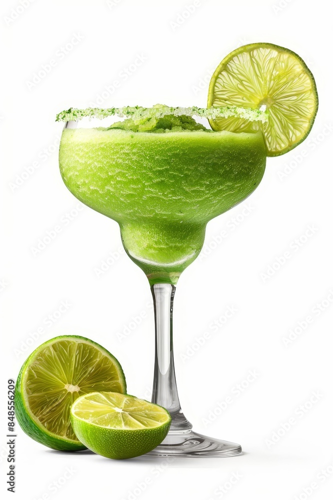 A frozen margarita in a glass with a salted rim, white background A frozen margarita in a glass with a salted rim, white background
