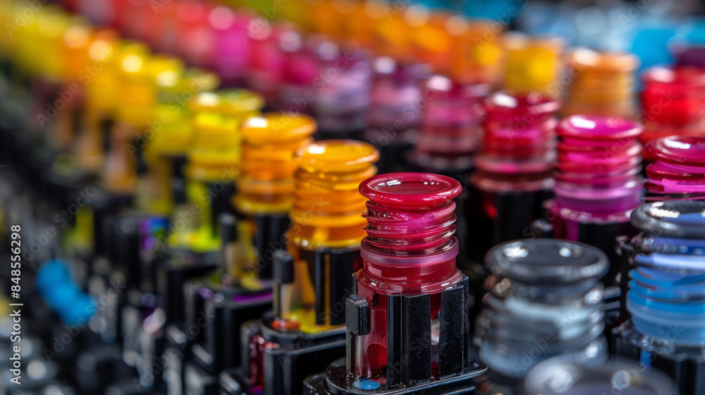 Colorful pill bottles lined up in rows Showcasing vibrant shades for beauty and personal care.