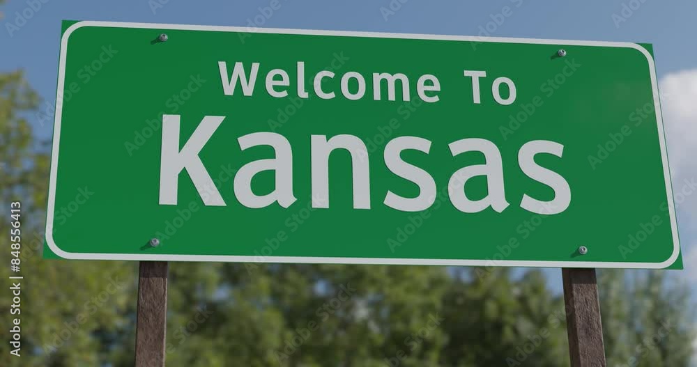 Driving By A Welcome To Kansas Green Road Sign Against a Blue Sky and Clouds.
Driving By A Welcome To Kansas Green Road Sign Against a Blue Sky and Clouds.