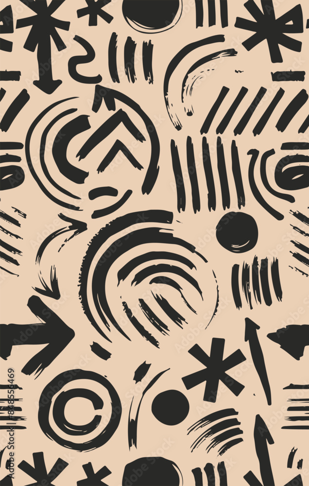 Seamless pattern with various geometric trendy shapes. Bold brush drawn geometric figures and objects ornament. Arrow, circles,swirls, asterisk and curved bold lines. Hand drawn abstract pattern. Seamless pattern with various geometric trendy shapes. Bold brush drawn geometric figures and objects ornament. Arrow, circles,swirls, asterisk and curved bold lines. Hand drawn abstract pattern.