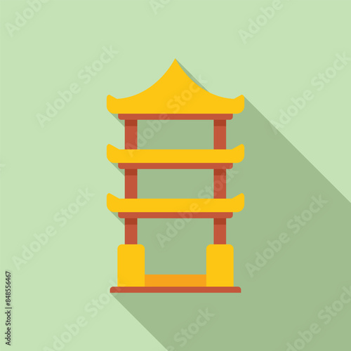 Flat design illustration of a traditional chinese gate with a yellow pagoda roof and red pillars