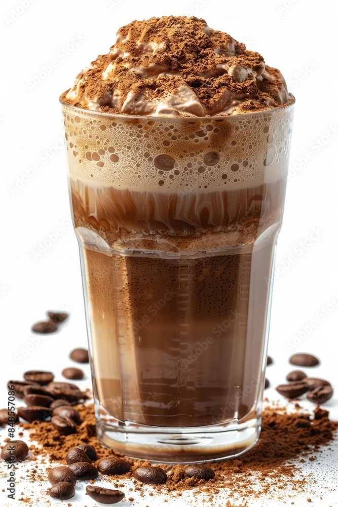 A tall glass of creamy, blended iced mocha topped with whipped cream and chocolate shavings, surrounded by coffee beans and cacao powder, white background. A tall glass of creamy, blended iced mocha topped with whipped cream and chocolate shavings, surrounded by coffee beans and cacao powder, white background.