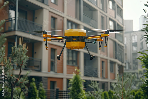 Drone Delivering a Package to an Apartment Building photo