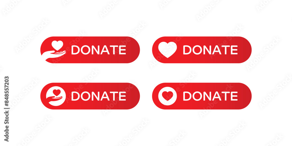 Donate web buttons. Red buttons with hand holding heart. Symbol of financial aid isolated on white background Donate web buttons. Red buttons with hand holding heart. Symbol of financial aid isolated on white background