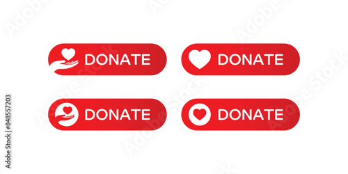 Donate web buttons. Red buttons with hand holding heart. Symbol of financial aid isolated on white background