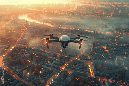 Drone Flying Over a Cityscape at Dusk photo