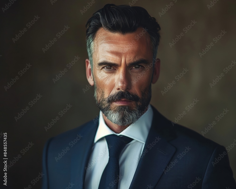 The image of the 45-year-old man standing confidently, reveals his power and maturity. He was well dressed in a tailor-made suit, with a crisp white shirt and navy tie. The image of the 45-year-old man standing confidently, reveals his power and maturity. He was well dressed in a tailor-made suit, with a crisp white shirt and navy tie.