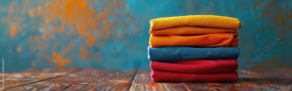 Colorful T-Shirts Stack on Clean Blue Wall - Fashion Apparel Background Detail Colorful T-Shirts Stack on Clean Blue Wall - Fashion Apparel Background Detail