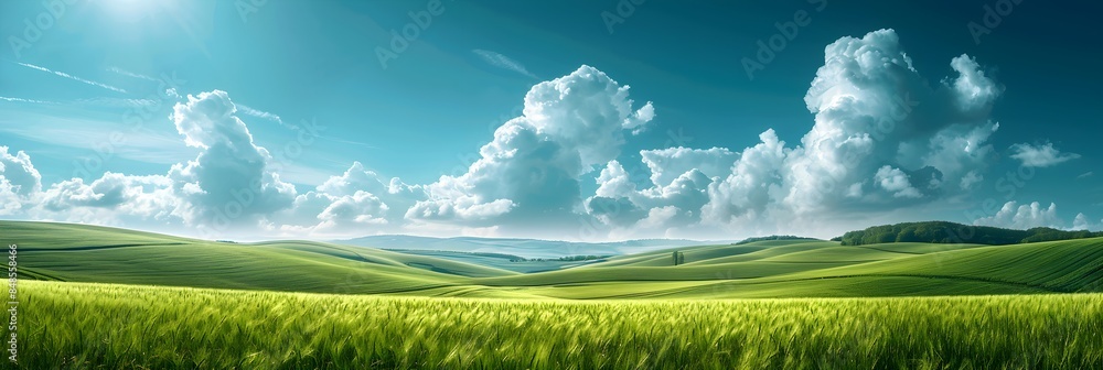 Fototapeta premium Beautiful Panorama of Rolling Green Fields. Spring or Summertime Background with White Fluffy Clouds and Natural Landscape