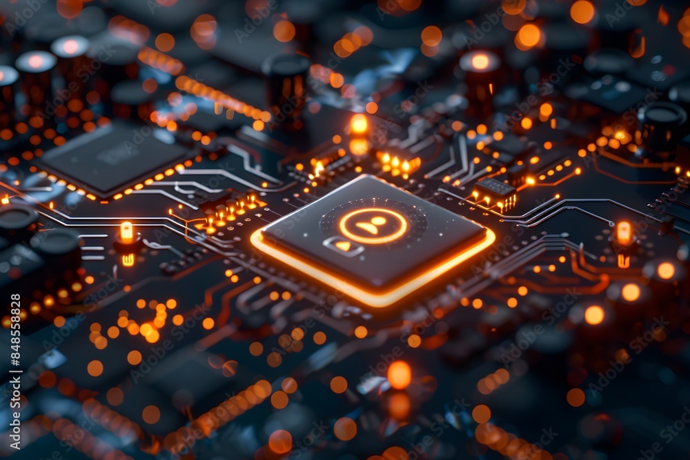 Social Technology Concept with user symbol on a Microchip. Data flows from the CPU across a Futuristic Motherboard. 3D render Social Technology Concept with user symbol on a Microchip. Data flows from the CPU across a Futuristic Motherboard. 3D render