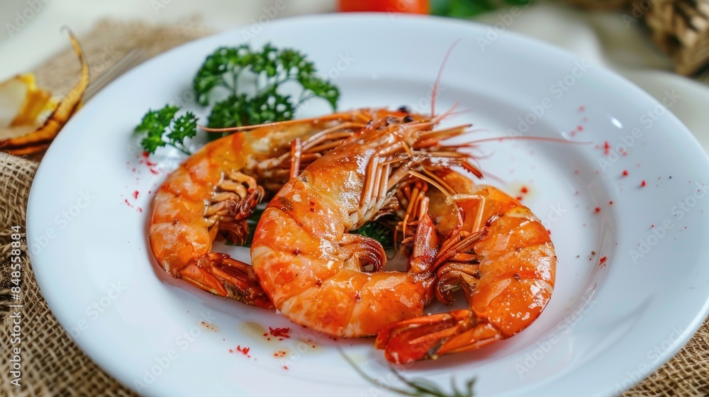 Prawns Shrimp Fried and Presented on a White Plate with a Jute Background Prawns Shrimp Fried and Presented on a White Plate with a Jute Background