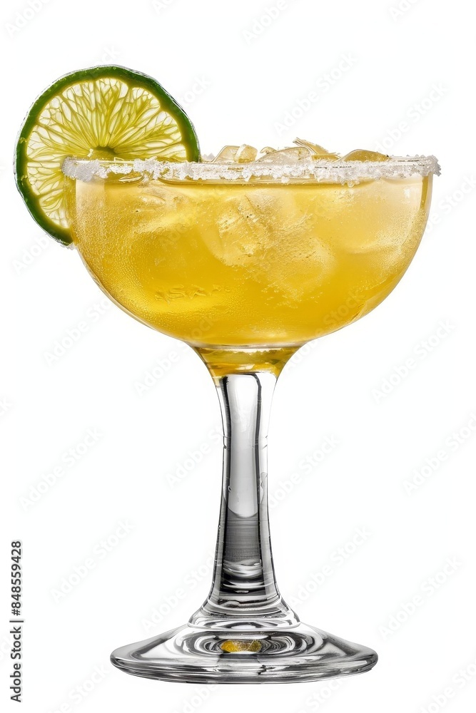 A classic margarita in a saltrimmed glass, garnished with a lime wedge and served on the rocks Fully visible Isolated on a solid white background. A classic margarita in a saltrimmed glass, garnished with a lime wedge and served on the rocks Fully visible Isolated on a solid white background.