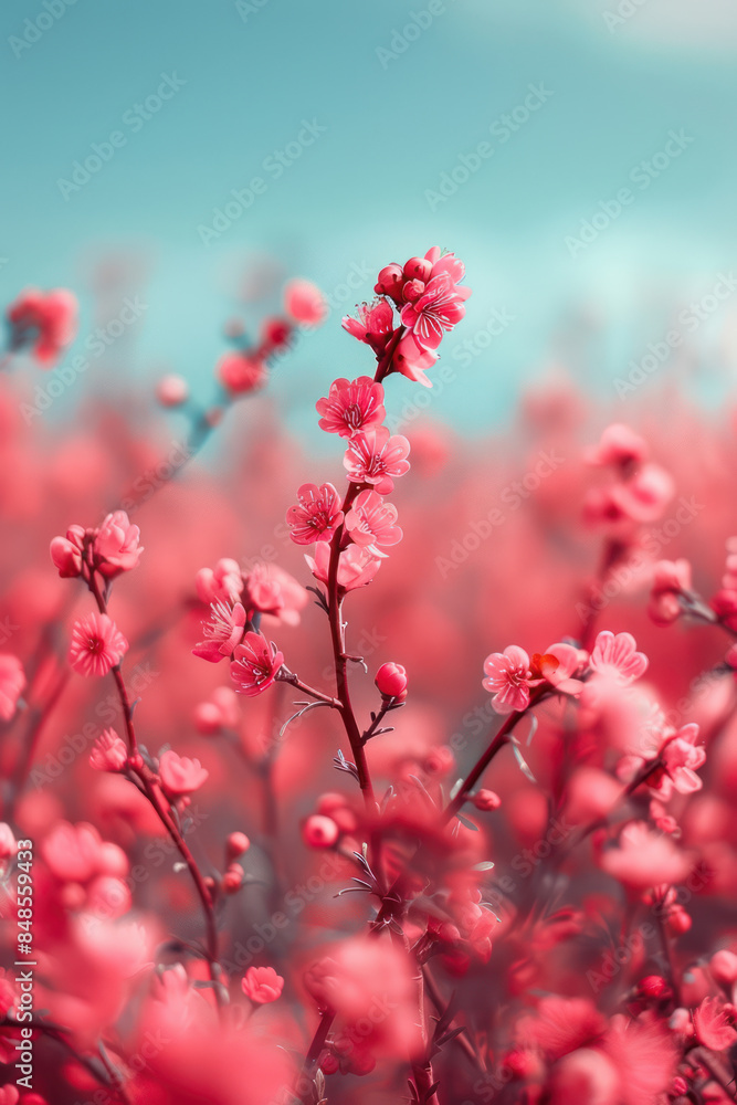 Captivating Blossom Vivid Pink Cherry Blossoms in Bloom Against a Serene Blue Sky, Creating a Mesmerizing and Romantic Springtime Atmosphere Captivating Blossom Vivid Pink Cherry Blossoms in Bloom Against a Serene Blue Sky, Creating a Mesmerizing and Romantic Springtime Atmosphere