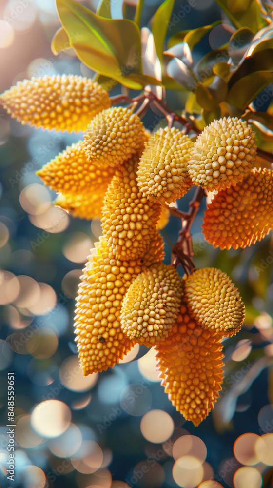 Close Up of Yellow Durian Fruits on a Tree Branch with Green Leaves Under Sunlight Nature, Tropical, and Agriculture Concepts Highlighted in this Image Close Up of Yellow Durian Fruits on a Tree Branch with Green Leaves Under Sunlight Nature, Tropical, and Agriculture Concepts Highlighted in this Image