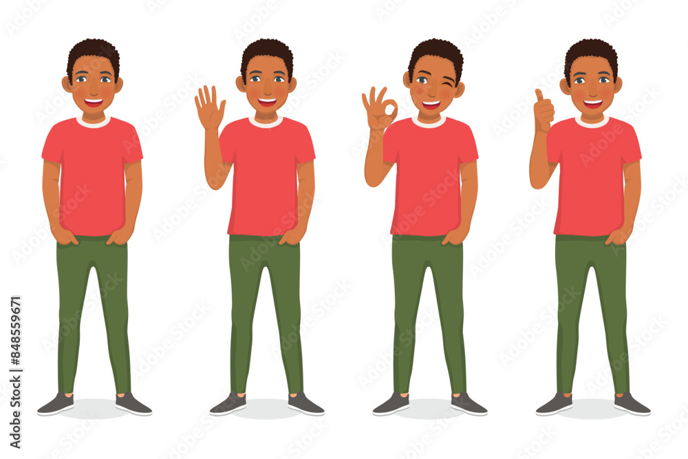 Obraz premium Set of young African man showing different posing gestures and hand signs expressions 