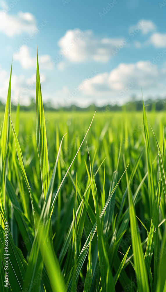Verdant Grass Blades Under a Bright Blue Sky with Fluffy White Clouds in a Serene Nature Setting Verdant Grass Blades Under a Bright Blue Sky with Fluffy White Clouds in a Serene Nature Setting