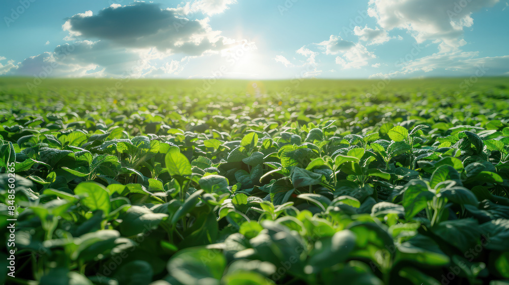 Vibrant Green Soybean Field under a Sunny Sky with Clouds, Agricultural Growth, Nature's Abundance, Close Up of Lush Green Leaves in Daylight Vibrant Green Soybean Field under a Sunny Sky with Clouds, Agricultural Growth, Nature's Abundance, Close Up of Lush Green Leaves in Daylight