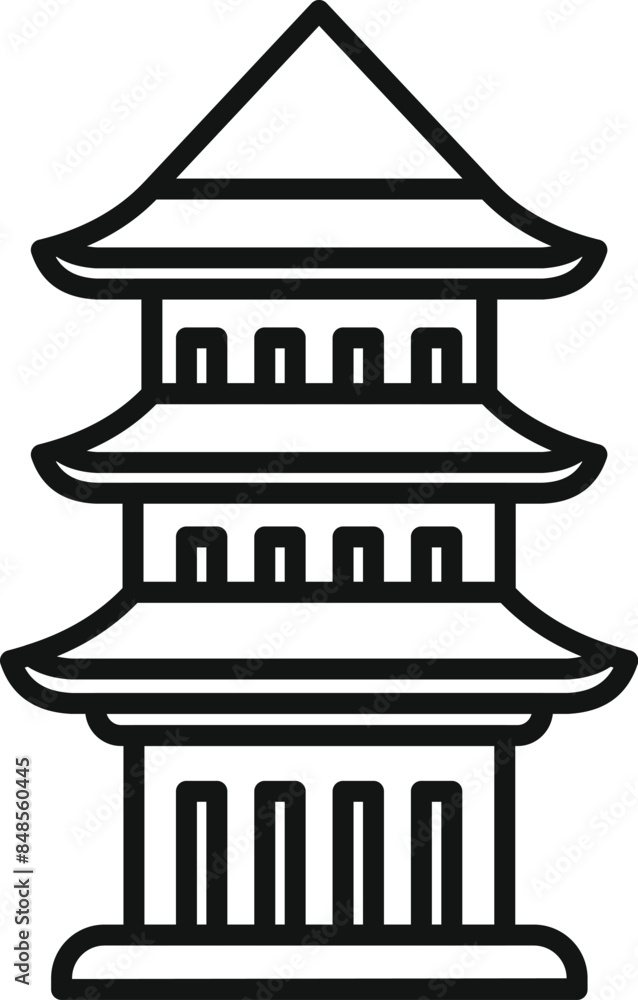 Simple line art icon of a three story pagoda with a tiled roof, representing traditional japanese architecture Simple line art icon of a three story pagoda with a tiled roof, representing traditional japanese architecture