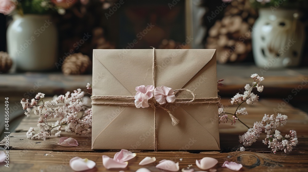 Rustic Envelopes With Twine and Pink Flowers Rustic Envelopes With Twine and Pink Flowers