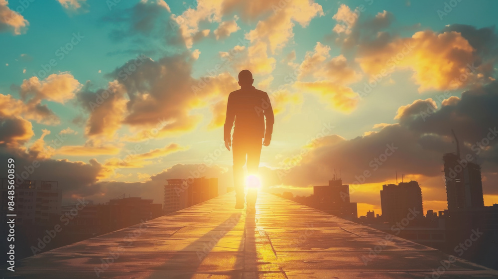 Fototapeta premium A man walks on an urban rooftop towards the sunset, with city buildings and a dramatic sky in the background.