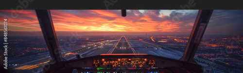 Stunning view from an airplane cockpit approaching a runway at sunset, with vibrant city lights and a colorful sky. photo