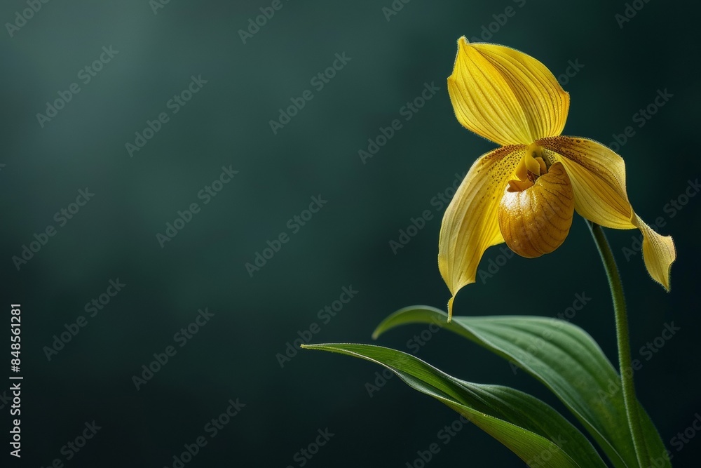 Fototapeta premium flower Photography, Cypripedium, copy space on right, close up, Isolated on Black Background