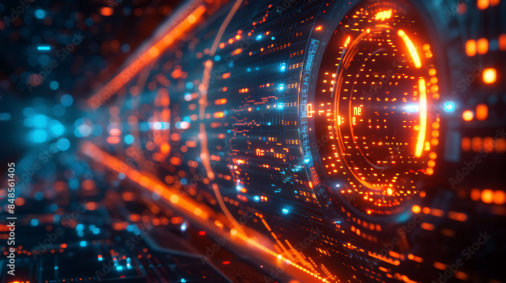 A glowing orange and blue futuristic tunnel interface with intricate circuitry A glowing orange and blue futuristic tunnel interface with intricate circuitry