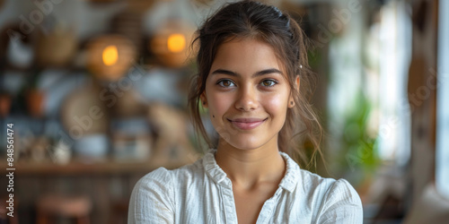 Cheerful Indian Girl Standing at Home Office