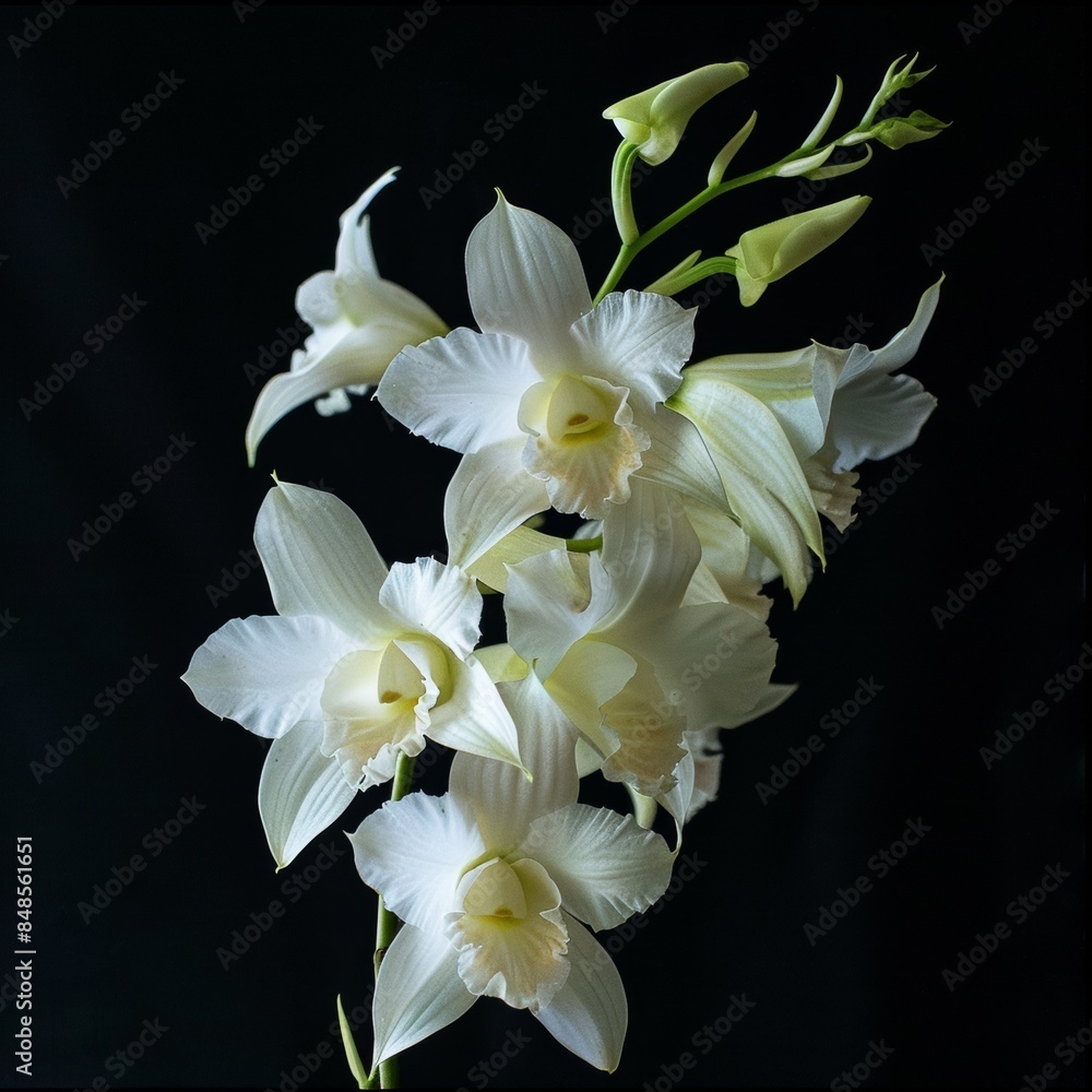 flower Photography, Dendrobium copy space on right, close up, Isolated on Black Background flower Photography, Dendrobium copy space on right, close up, Isolated on Black Background