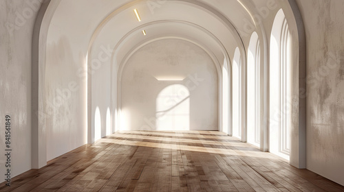 Minimalist Interior with Arched Windows and Wooden Floor