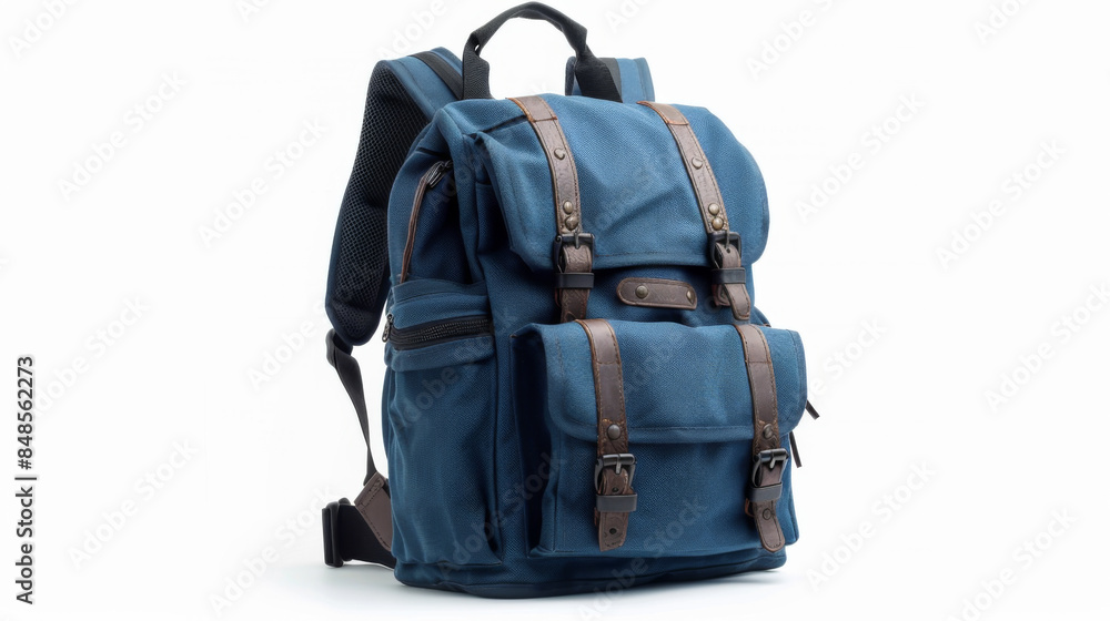 Naklejka premium Stylish blue backpack featuring brown leather straps and multiple pockets, perfect for travel and daily use.