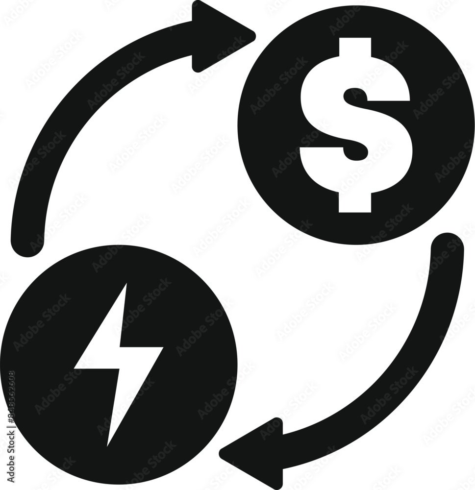 Black and white icon of energy converting to money and vice versa Black and white icon of energy converting to money and vice versa