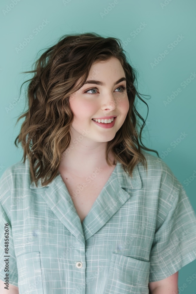 Confident plus size woman with curly brown hair in light blue shirt smiling on soft blue backdrop Confident plus size woman with curly brown hair in light blue shirt smiling on soft blue backdrop