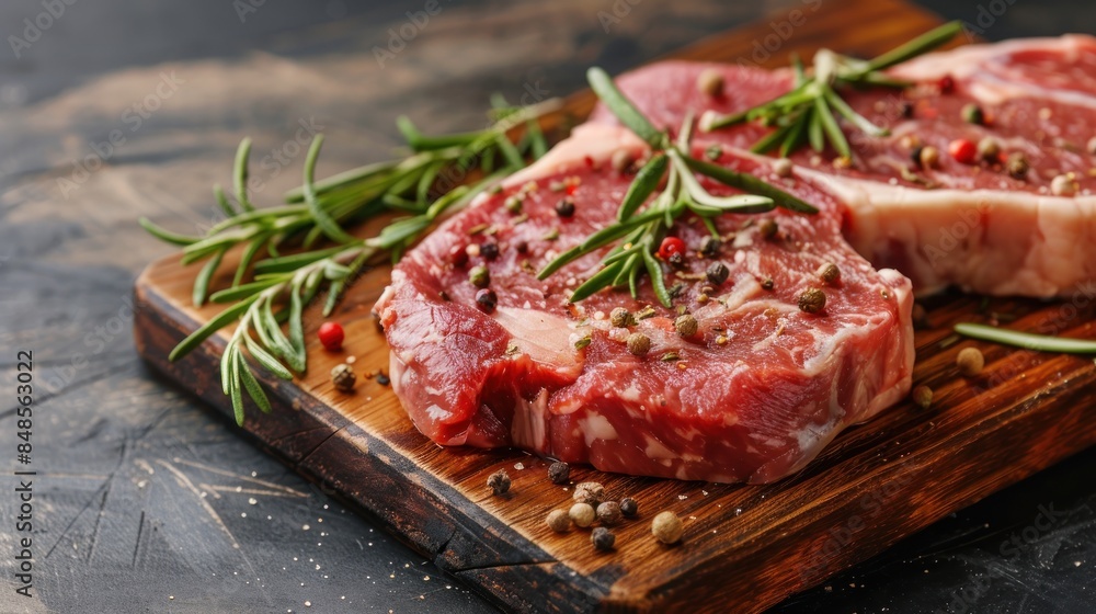 A piece of meat with herbs and spices on top of a wooden cutting board. A piece of meat with herbs and spices on top of a wooden cutting board.