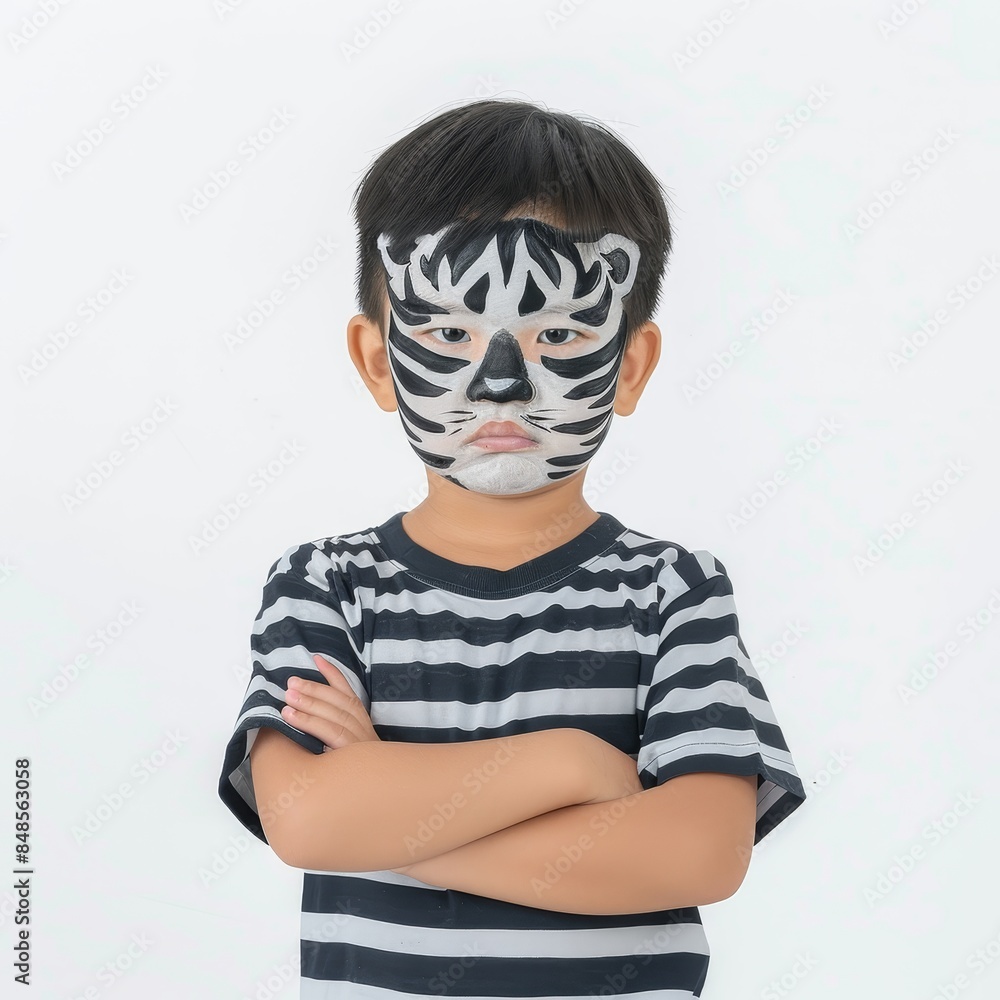 Child s minimalist portrait with playful animal face paint, emphasizing eyes on white background Child s minimalist portrait with playful animal face paint, emphasizing eyes on white background