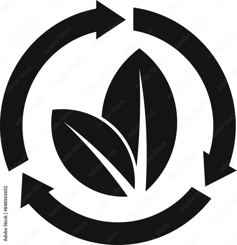 Simple black and white icon of three leaves rotating inside three arrows forming a circle Simple black and white icon of three leaves rotating inside three arrows forming a circle