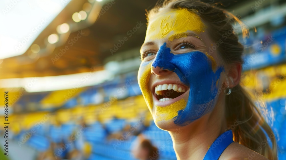 Happy Swedish woman, her face painted in the blue and yellow of the Swedish flag, cheering at a football or rugby match, the stadium background and replica space blurred Happy Swedish woman, her face painted in the blue and yellow of the Swedish flag, cheering at a football or rugby match, the stadium background and replica space blurred