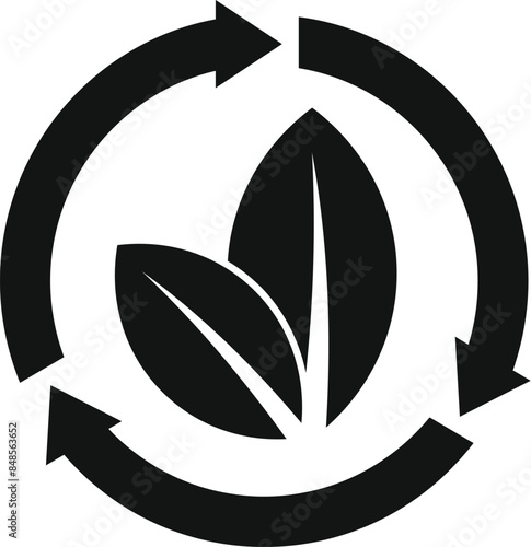 Simple black and white icon of three leaves rotating inside three arrows forming a circle