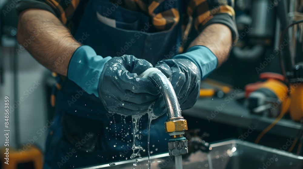 close up A plumber technician uses a wrench to repair a water hose close up A plumber technician uses a wrench to repair a water hose