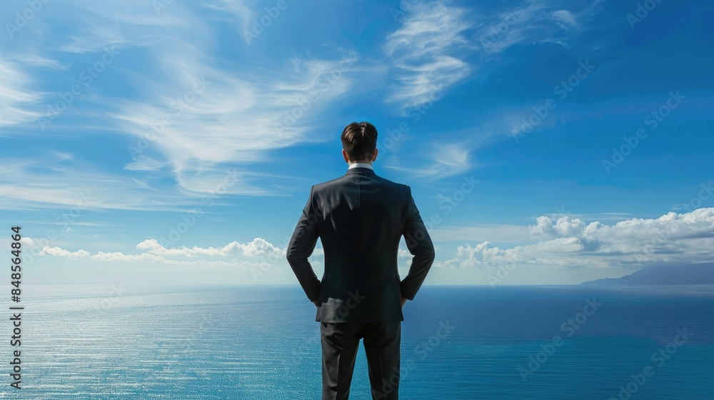 Businessman standing with his back to the camera, facing a vast sea view Businessman standing with his back to the camera, facing a vast sea view